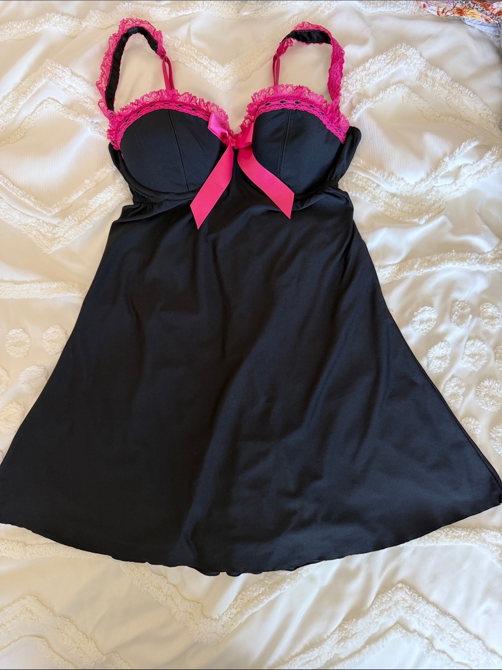 Victoria's Secret Black Chemise with Hot Pink Lace and Bow